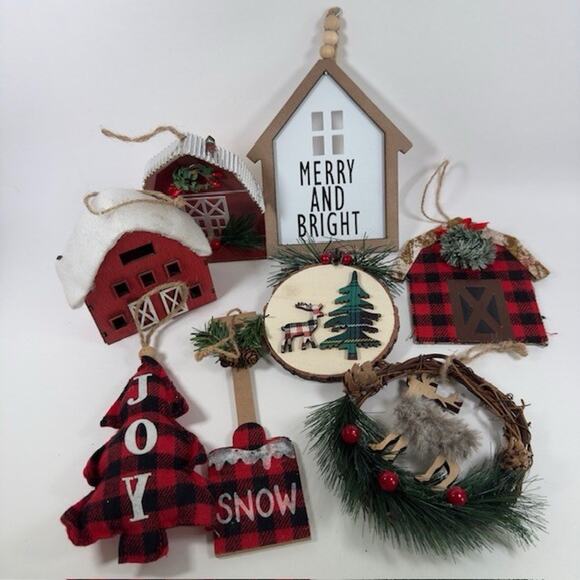 Christmas Plaid Ornaments Lot/Bundle Barns-Reindeer-Trees-Wreath-Holiday - Picture 16 of 16